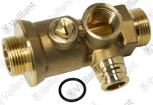 Vaillant Wartungshahn aus Messing mit verschiedenen Anschlussgewinden und O-Ring. Der Hahn dient zur Wartung und Kontrolle von Heizungsanlagen.
